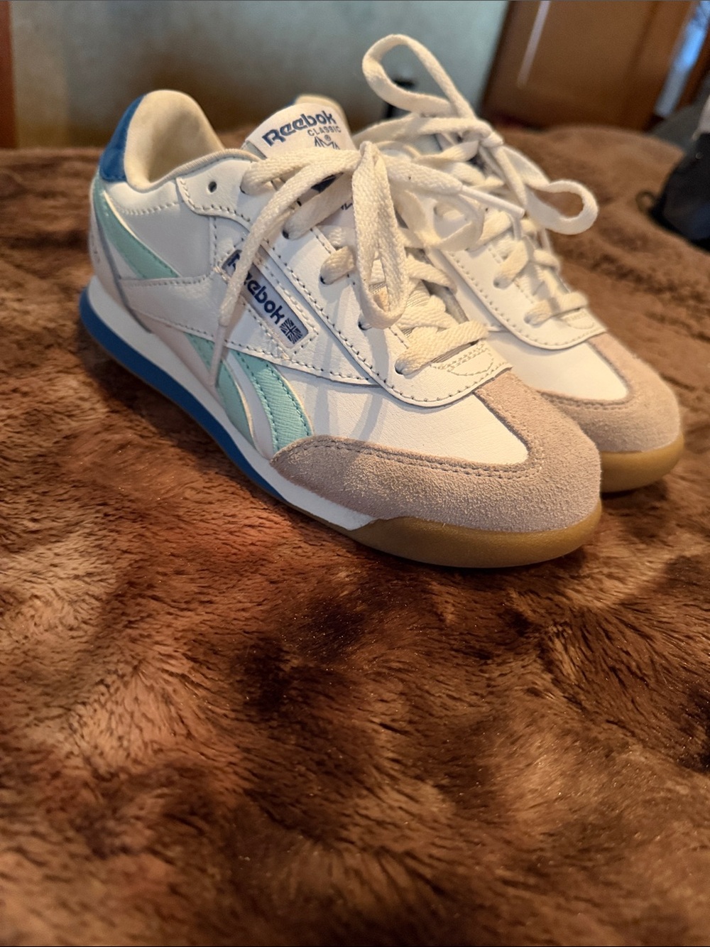 Reebok Kids White Sneakers with Mint and Light Blue Accents
